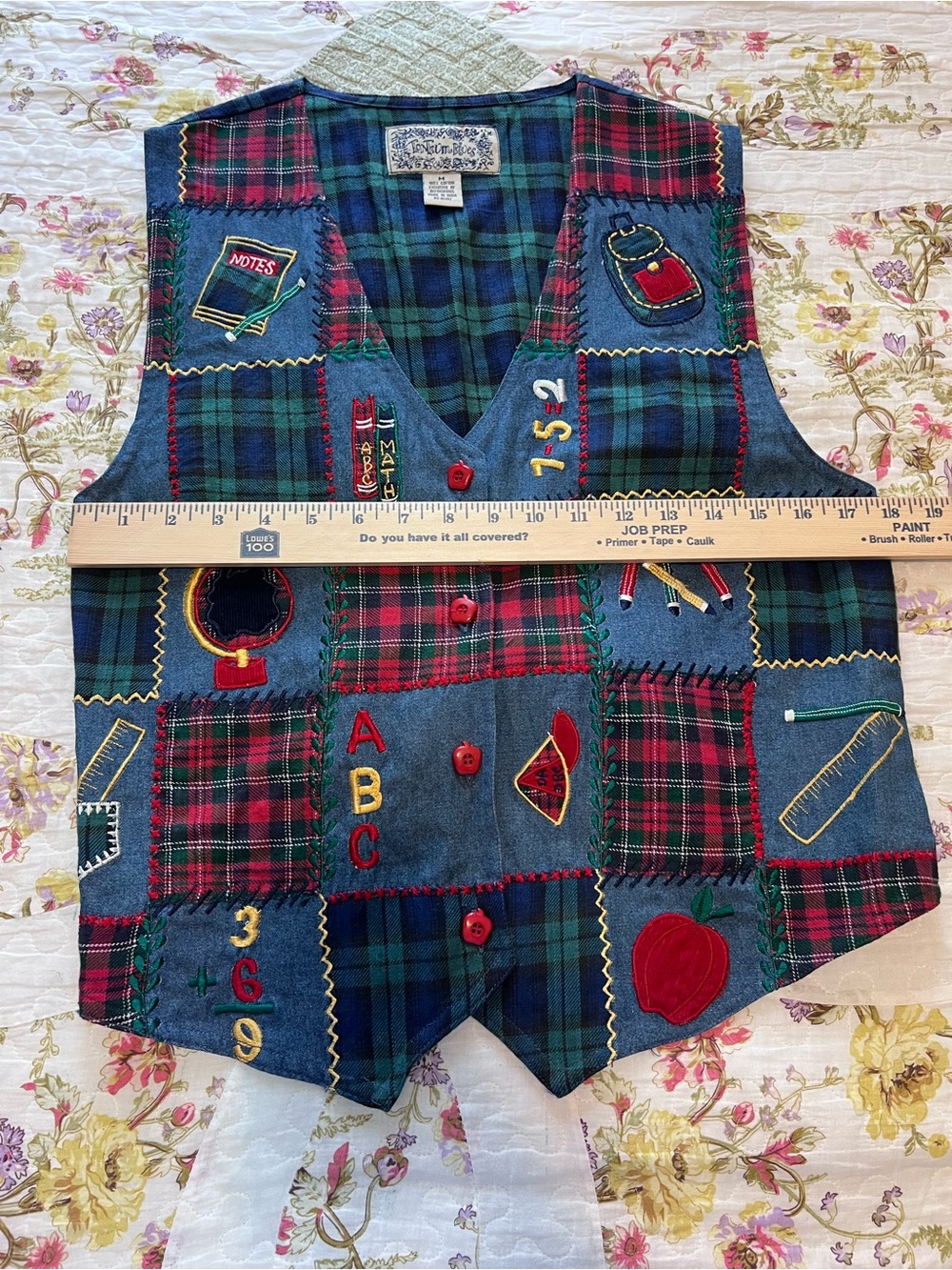 Vintage TanTrum Blues Plaid Embroidered Teacher Vest M Art 90s Novelty - Picture 12 of 12